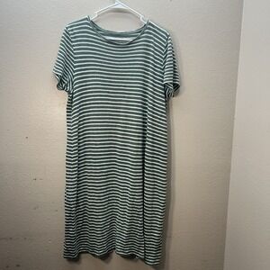 Eileen Fisher Green Striped Comfy T-Shirt Dress Organic Linen Sz M Minimalist